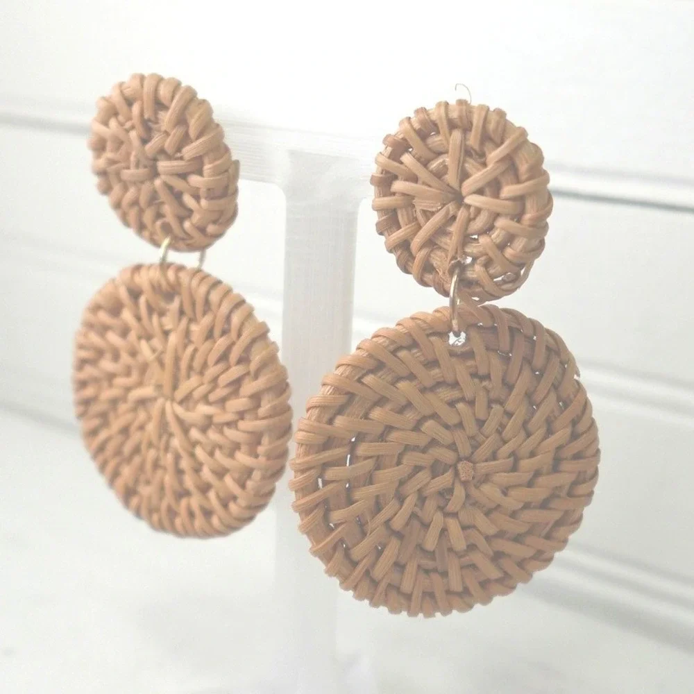 Large Y2K Woven Earrings Rattan Wicker Boho Hippie Vintage Pierced Jewelry